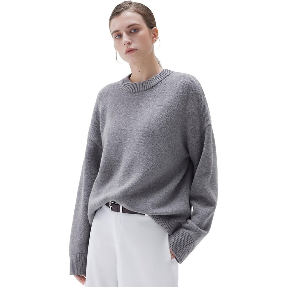 Women Cashmere Blend Oversized Crew Neck grey Soft Warm Pullover Sweater